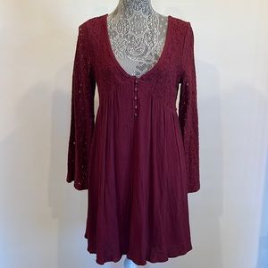 Others Follow long sleeve lace babydoll dress boho burgundy deep v-neck Large